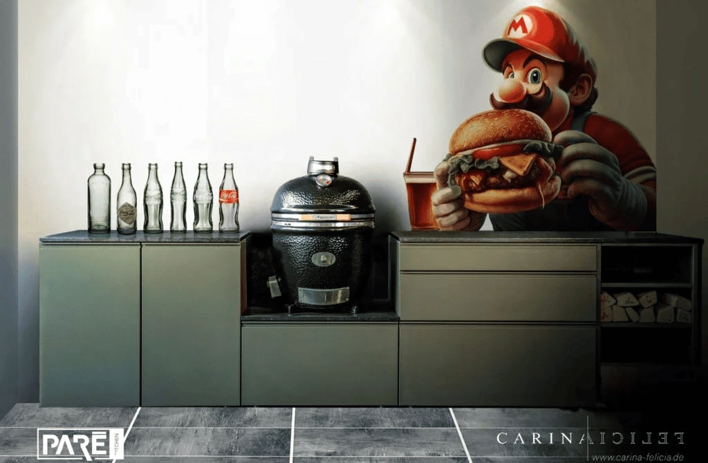 Eine Outdorküche vor einem Supermario Wandtattoo